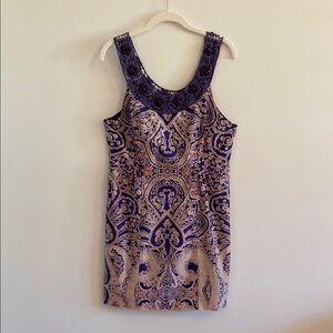 FREE PEOPLE  Purple Patterned Mini Dress‎ withh beaded neckline